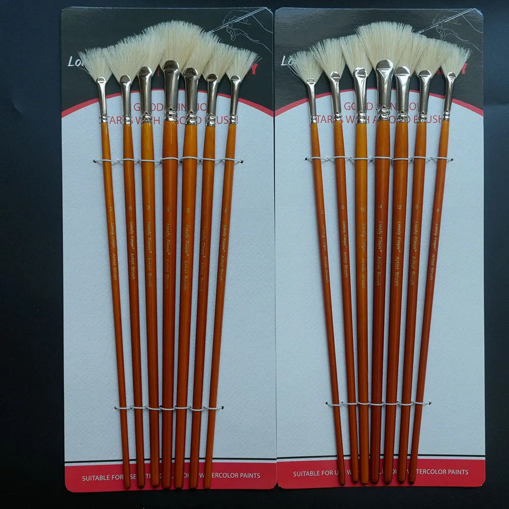 7/14pcs Artist Fan Paint Brush, Hog Bristle Natural Hair Anti-Shedding Brush Tips, Long Wooden Handle for Comfortable Holding Oasis Select 14pcs Bristle Fan