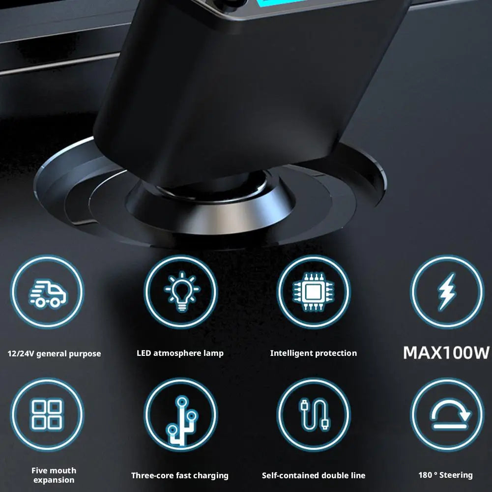 120W 4-in-1 Fast Car Charger – Retractable Cable & 2 USB Ports Car Charger Adapter Oasis Select