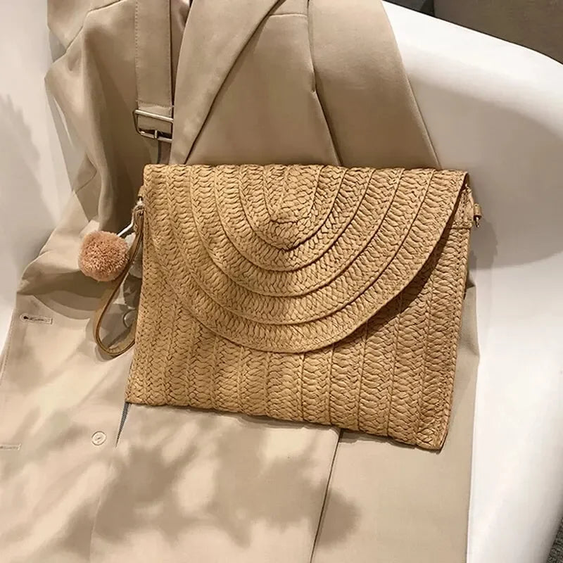 Handmade Straw Beach Shoulder Crossbody Bag Girls Envelope Woven Summer Small Hair Ball Cluth Oasis Select