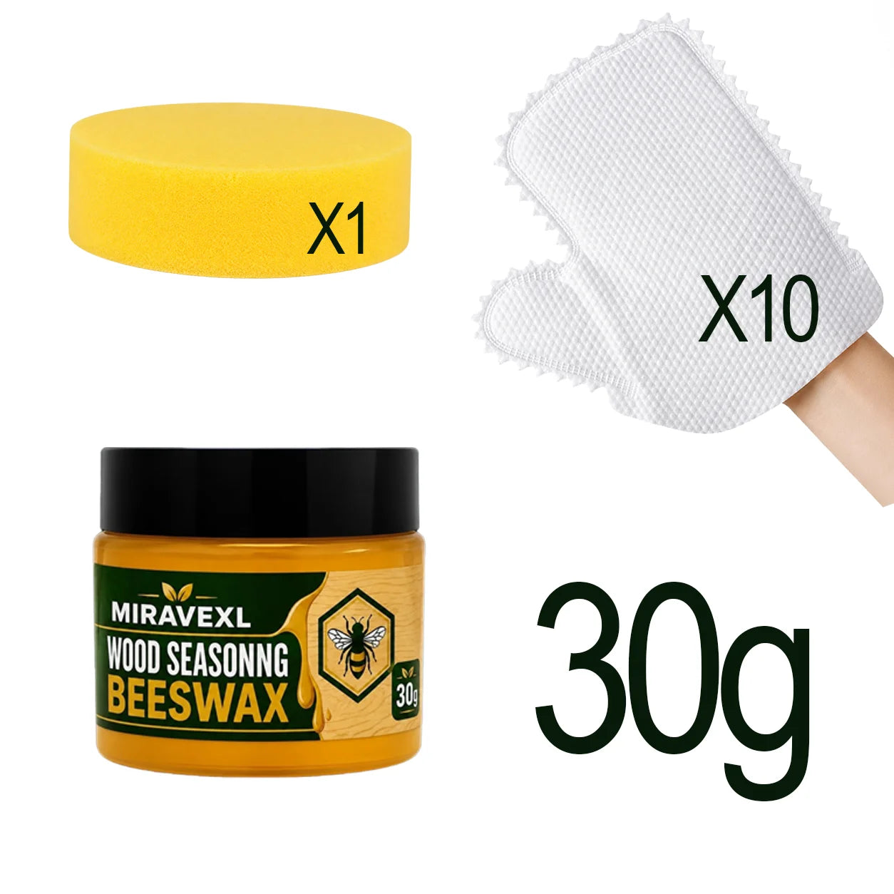 Wood Seasoning Beeswax 30g/110g Furniture Polish Wax Kit with Sponge 10 Lazy CleaningGloves for Wood Care Maintenance Clean Kit Oasis Select 30g