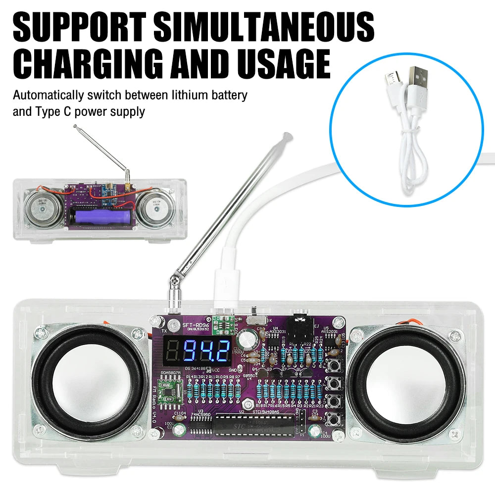 87.5-108MHz Dual-Channel FM Radio Electronic DIY Kit - Digital Display Soldering Project with Type-C Interface for Audio Learnin Oasis Select