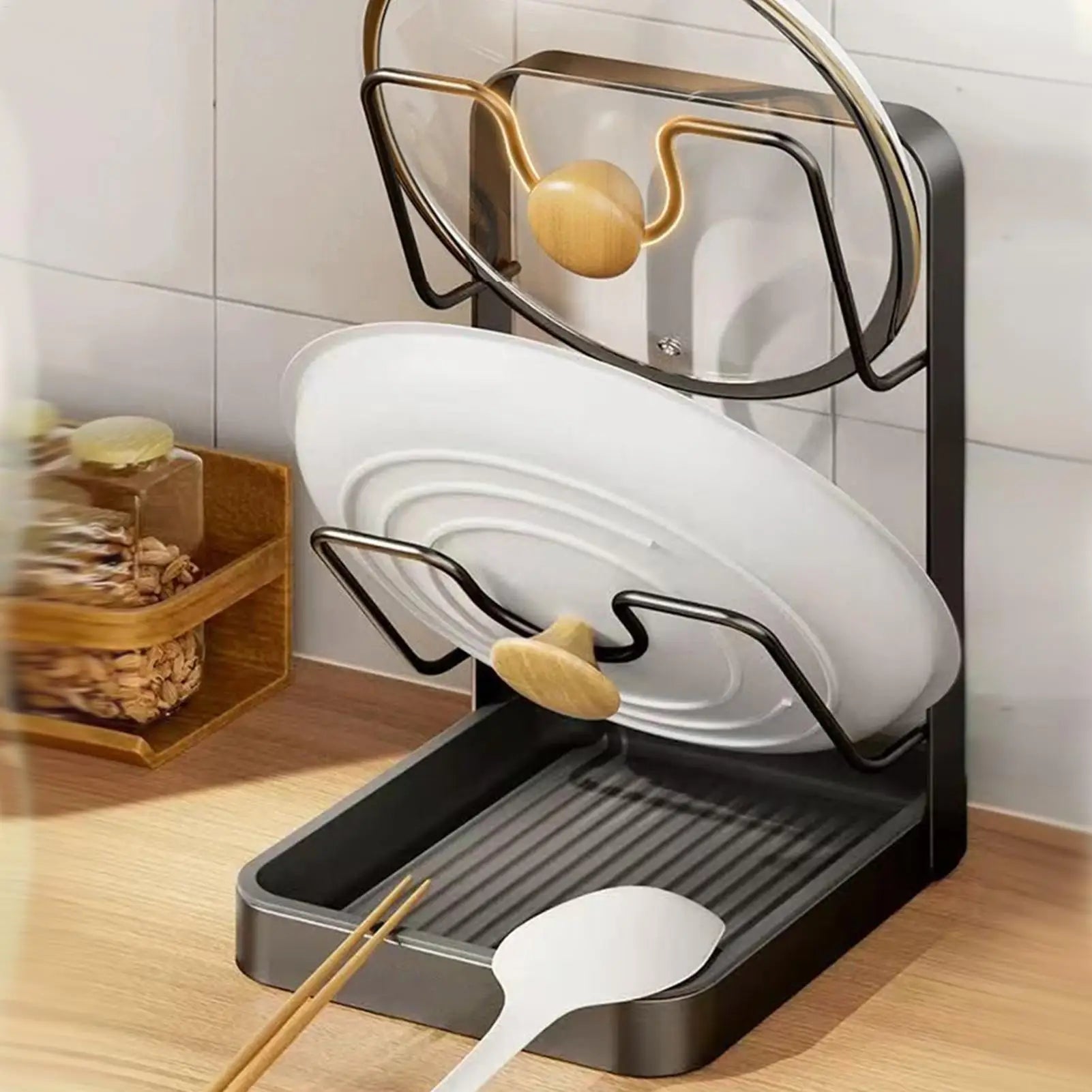 Pot Lid Rack Space Saving Anti-Slip Kitchen Stand Pot Lid Storage Organizer Drying Holder for Ladle Spatula Spoon Plate Dish Oasis Select