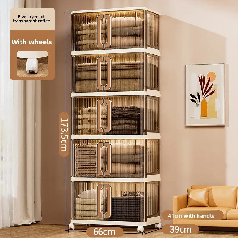 Household Folding Storage Cabinet Large Capacity Double Door Bedroom Clothes Toy Locker Free Installation Storage Box Oasis Select 66-5-Through coffee