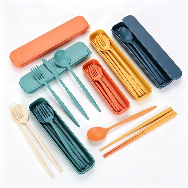 Portable Wheat Straw Dinner Utensil Kit Eco Friendly Spoon Fork Knife Chopstick Box for Travel Camping Oasis Select