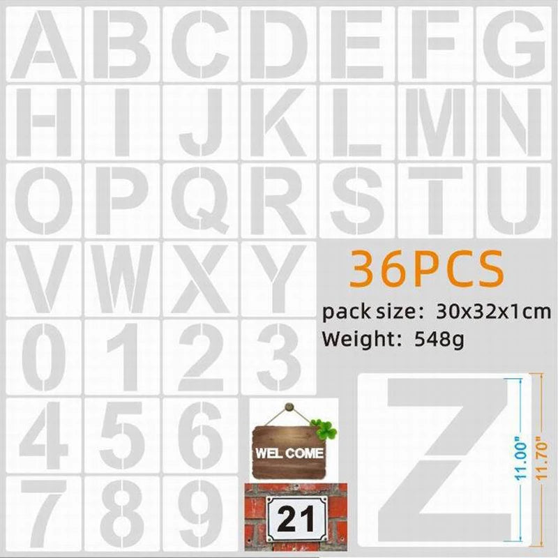 36pcs Alphabet Template Numbers Art Craft Templates Reusable Plastic Word Stickers DIY Painting Word Templates Multiple Sizes Oasis Select 11 inch