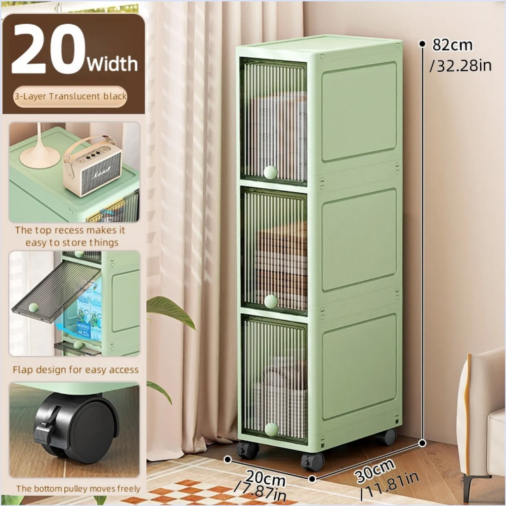 Slim Seam Cabinet Space-Saving Bookcase with Door Stackable Multi-Layer Rack Portable Movable Living Room Display Shelf Oasis Select Black-3 layer