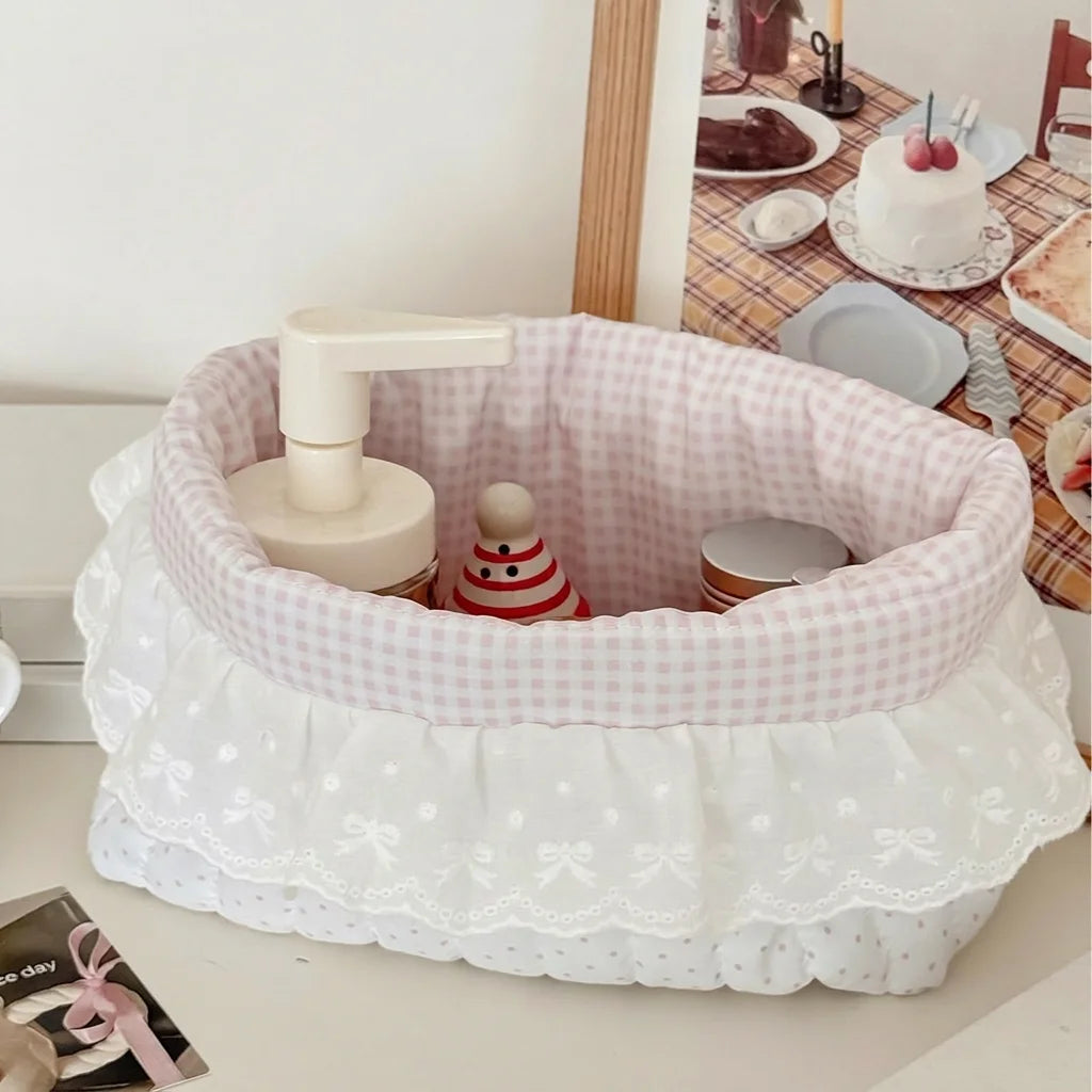 Cotton Fabric Storage Basket Polka Dot Lace Ruffle Cute Desktop Organizer for Sundries Snacks Home Storage Organization Oasis Select