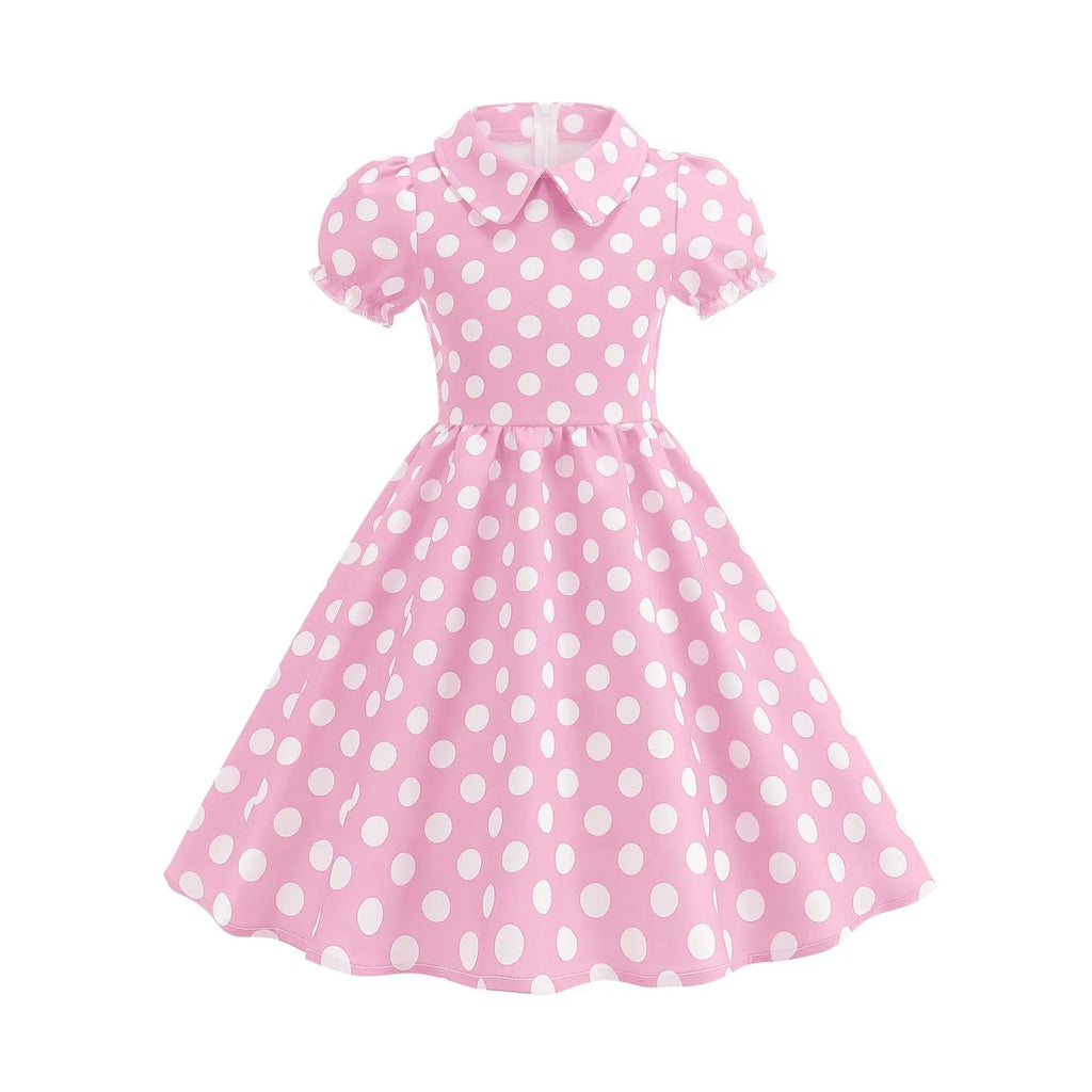2025 Children Little Girl Vintage Summer Short Dress Turn Down Collar Polka Dot Print Cotton Princess Cocktail Dresses 1950s 60s Oasis Select Pink 140