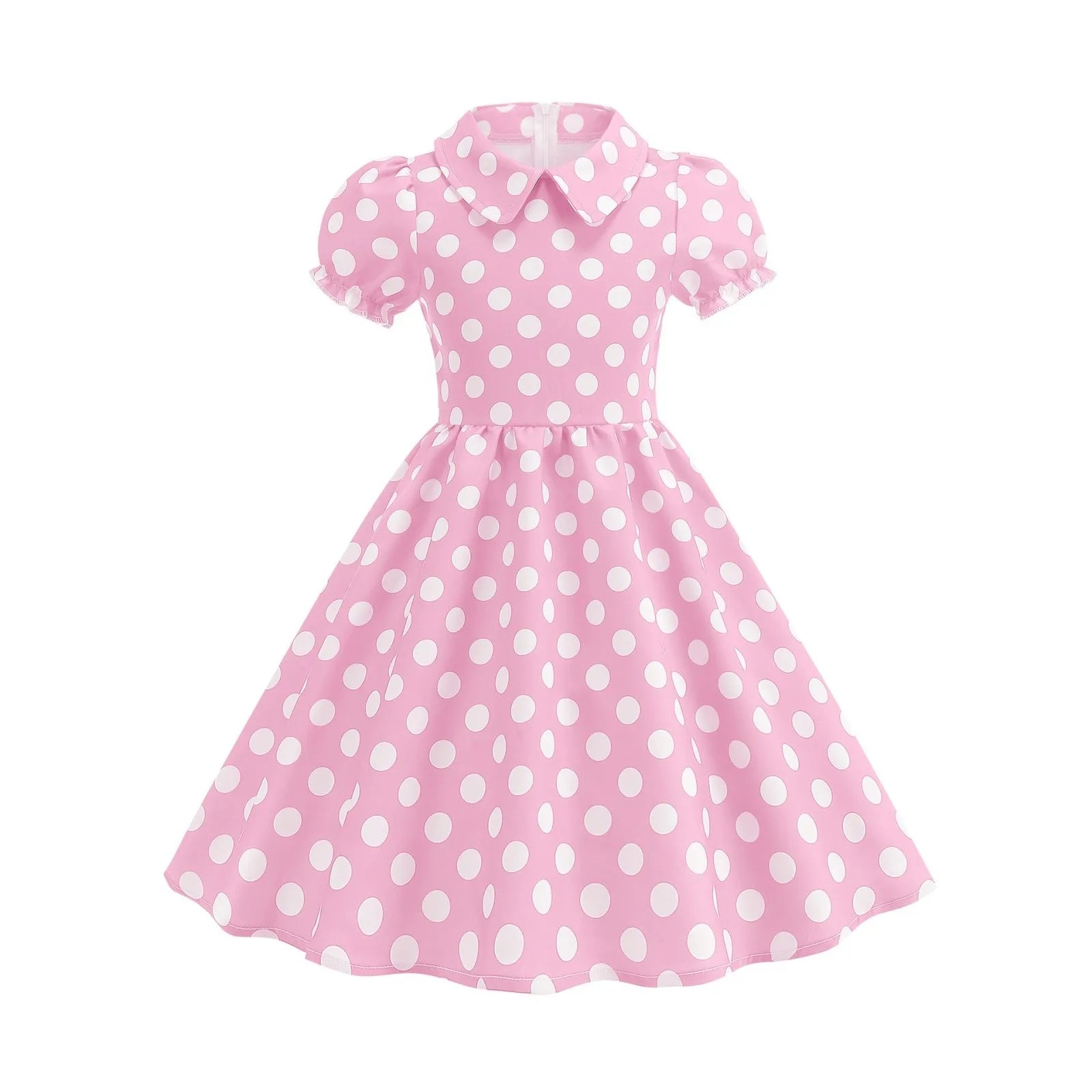 2025 Children Little Girl Vintage Summer Short Dress Turn Down Collar Polka Dot Print Cotton Princess Cocktail Dresses 1950s 60s Oasis Select Pink 140