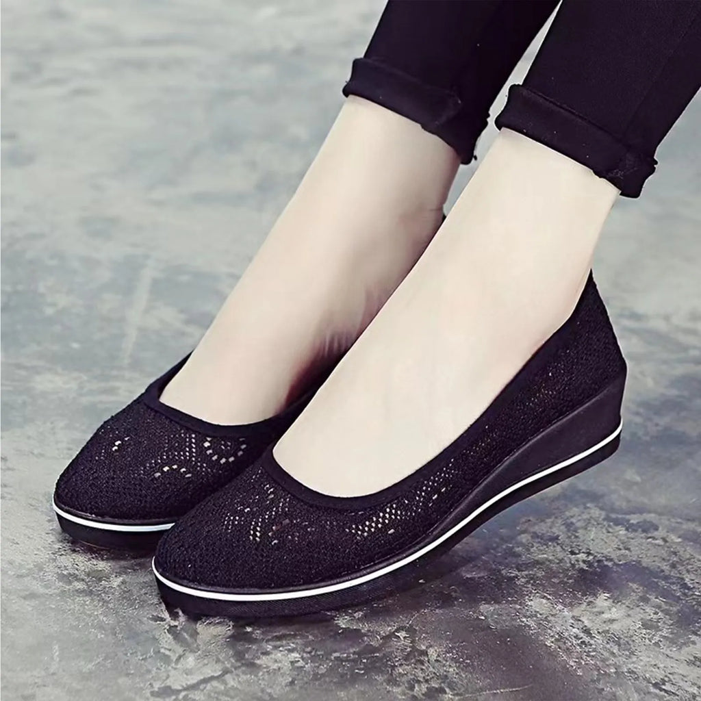 Women's Wedge Heel White Mesh Shoes Comfortable Non-slip Hollow Breathable All-match Work Beauty ShoesWhite Lace Hollow Breathab Oasis Select Black 40
