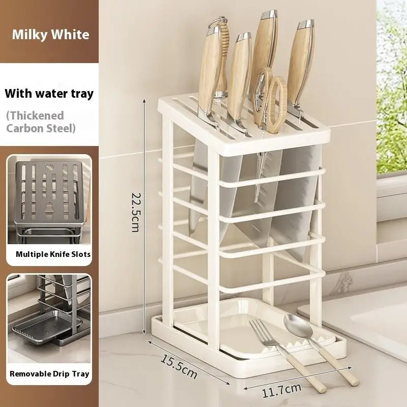 Kitchen Countertop Companion: Multi-function Dish Rack, Knife Holder and Tool Storage with Drain Tray Oasis Select White
