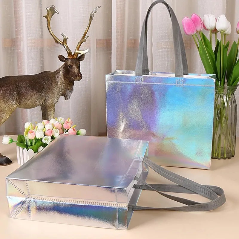 5/10/15 PCS Iridescent Gift Bags with Handles Glossy Shimmer Reusable Tote Stand Up Base for Wedding Birthday Party Favors Oasis Select