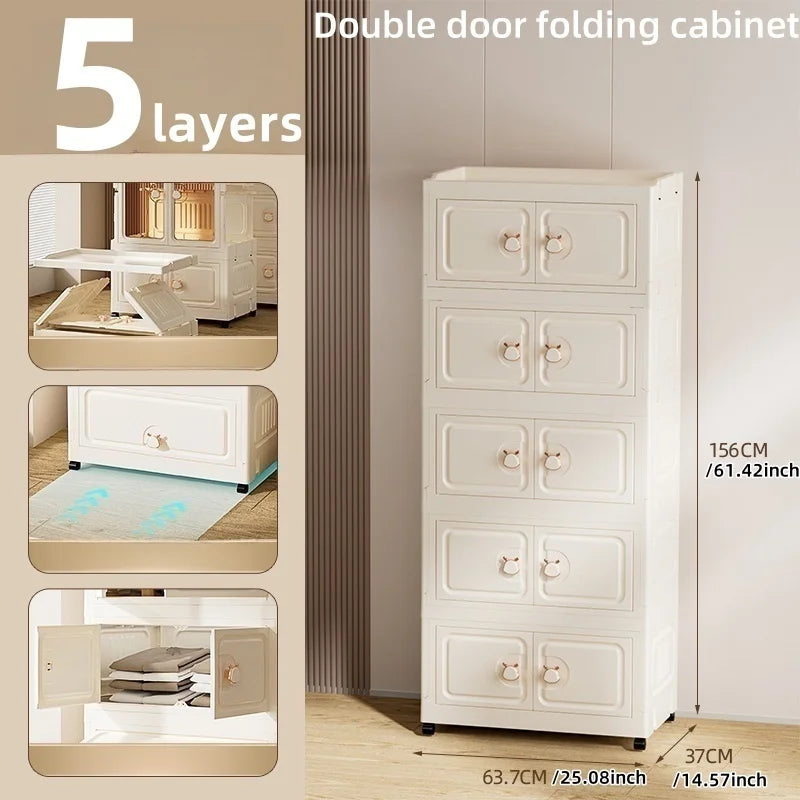 Foldable Storage Cabinet,Multi-Tier Heavy-Duty Organizer with Single/Double Door Design,Rolling Wheels for Living Room/Bedroom Oasis Select 2doors 5 Layers
