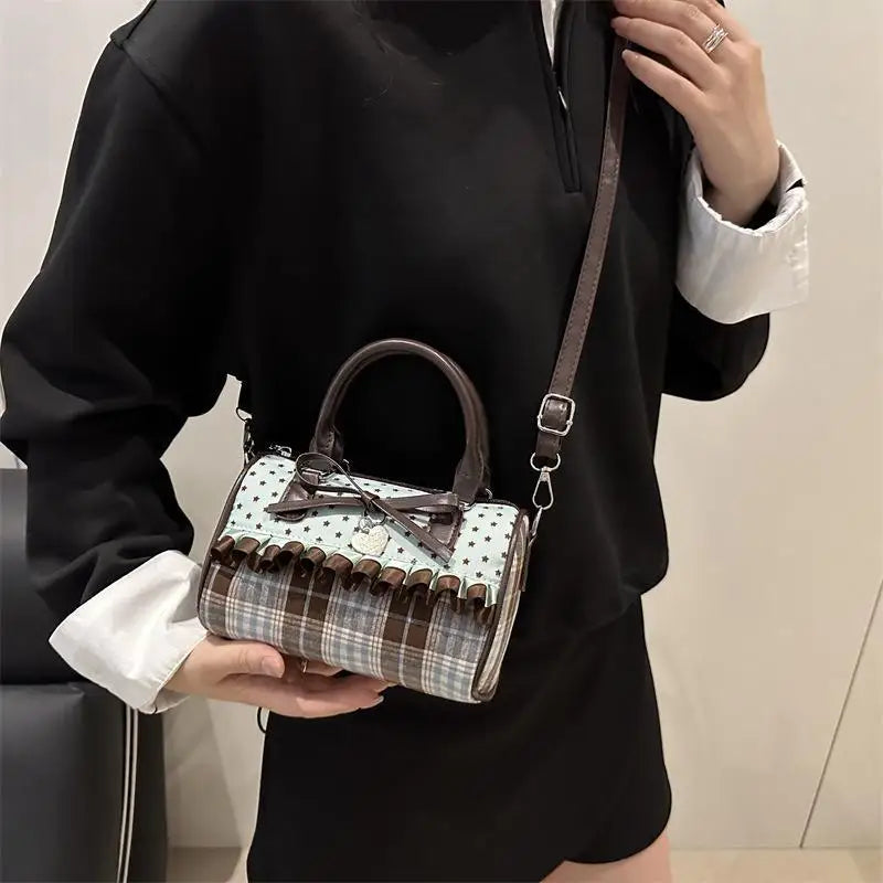 Retro Sweetheart Polka Dot Cylinder Handbag Bow Decor Crossbody Handbag Fashion Korean Kawaii Brown Small Shoulder Bag Oasis Select