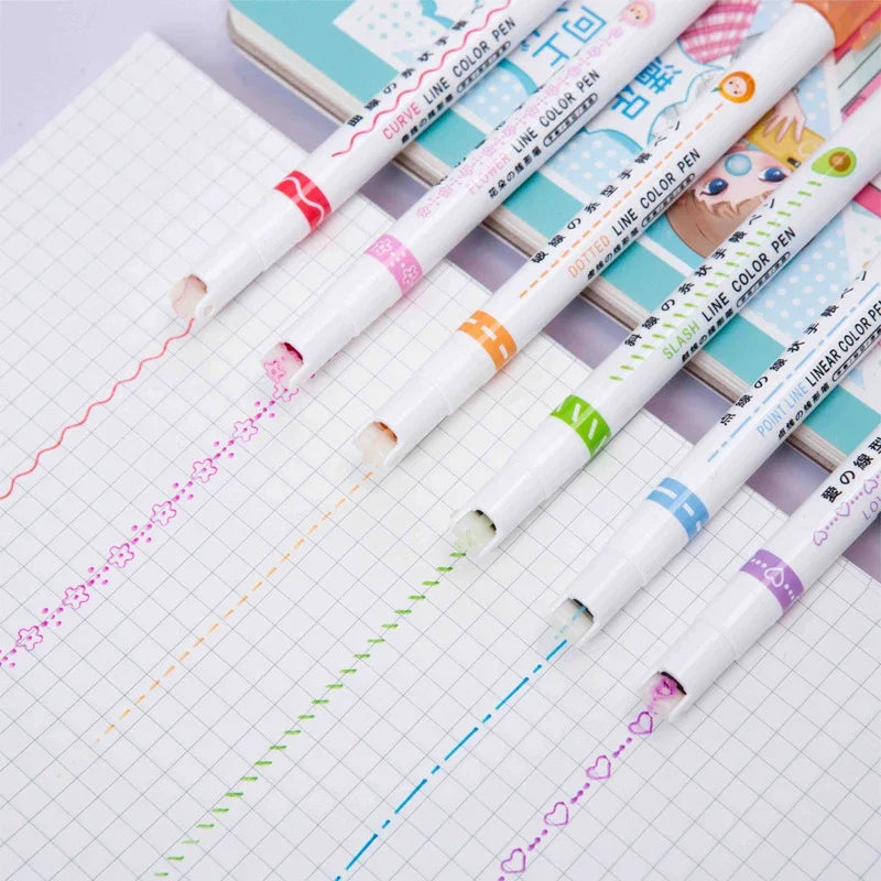 Curved Tip Flower Marker 6Pcs Floral Outline Highlighter Kawaii Graffiti Pen Practical School Study Goods Oasis Select