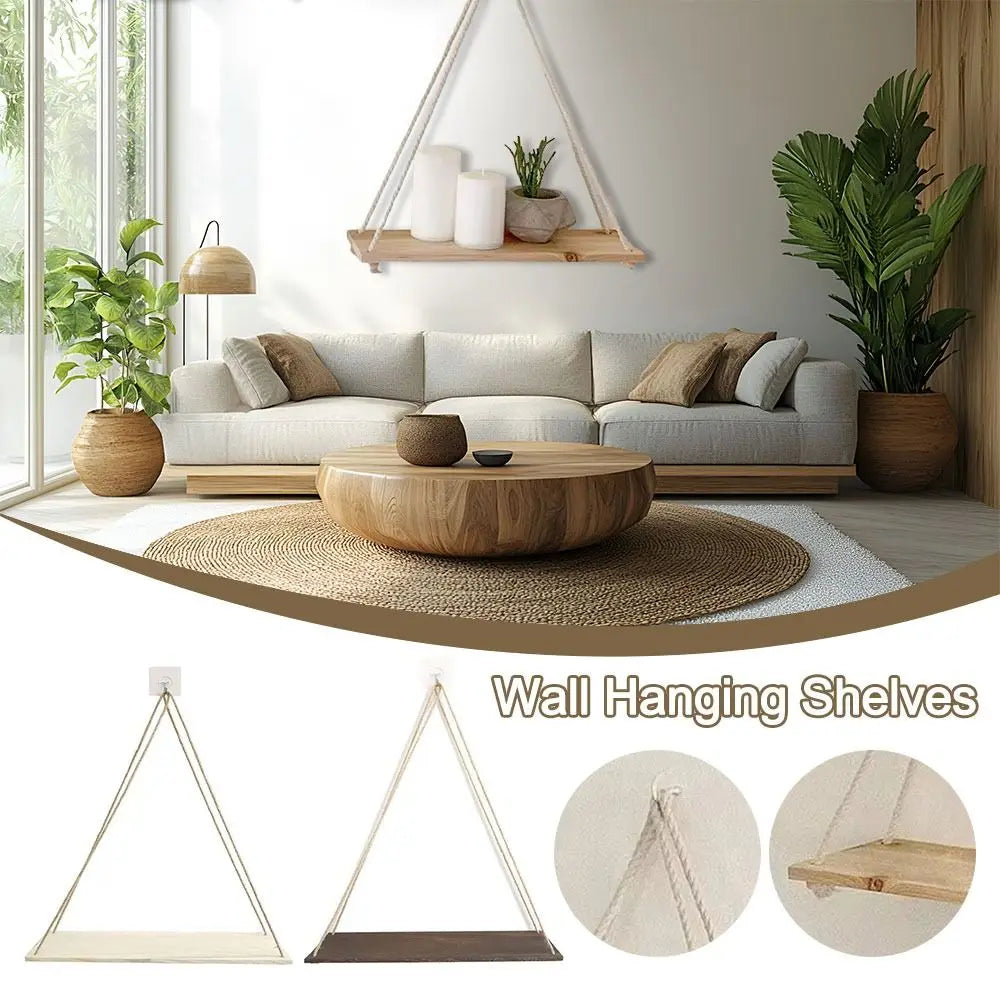 Wooden Hanging Shelf Hemp Rope | Wall Mounted Plant & Décor Tray
