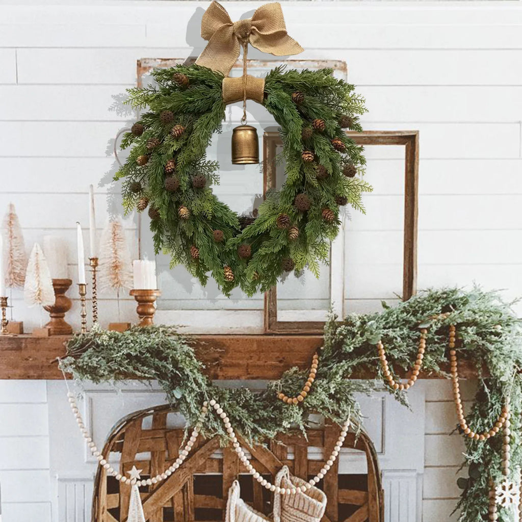 Christmas Pinecone Wreath with Bell Door Hanging Heart Shaped Vine Wreath with Linen Bow for Home Christmas Decoration Oasis Select