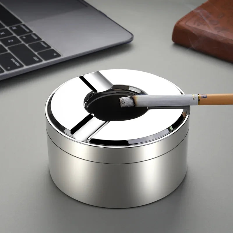304 Stainless Steel Ashtray with Cover High-end Atmosphere Office Home Living Room Fully Sealed Anti-fly Ash Anti-odor Ashtray Oasis Select