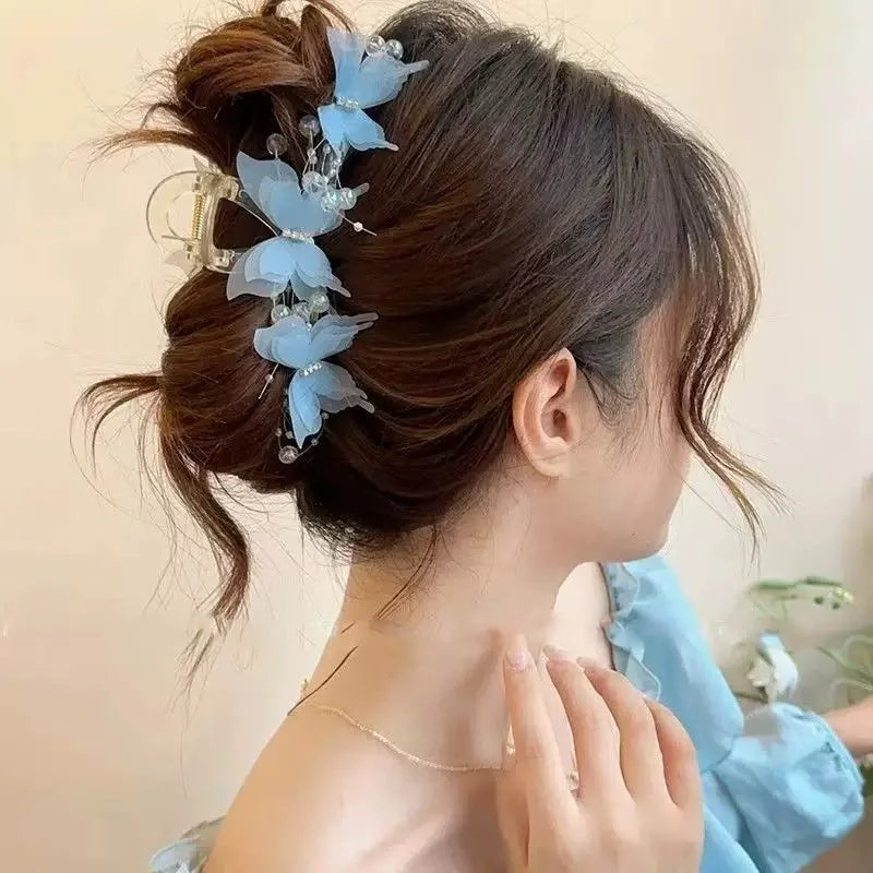 Light Blue/Pink Sheer Butterfly Claw Clip | Pearl Rhinestone Fairycore Hair Grabber | Elegant Romantic Hair Accessory Oasis Select