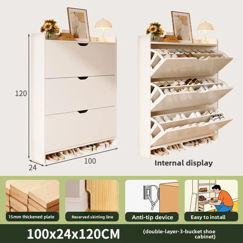 Solid wood shoe cabinet large-capacity multi-layer storage integrated of the home small narrow tipping bucket shoe Oasis Select Double layer 100 B