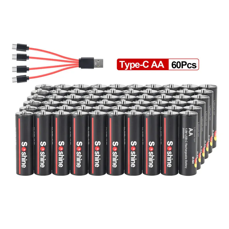 Soshine Original Li-ion AA Rechargeable Batteries USB Lithium battery 2000mWh 1.5V AA Rechargeable Batteries with Charging cable Oasis Select 60pcs AA 1.5V 2000