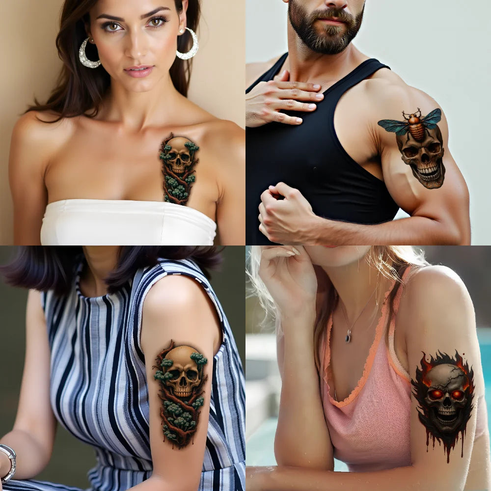3-Pack Skeleton Temporary Tattoos – Flames & Wizard Designs