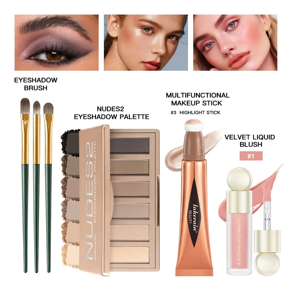 6pcs Face Makeup Set With Liquid Blush Highlight Contour Stick And Eyeshadow Palette Long Lasting Pigment Women Beauty Cosmetics Oasis Select SET 1