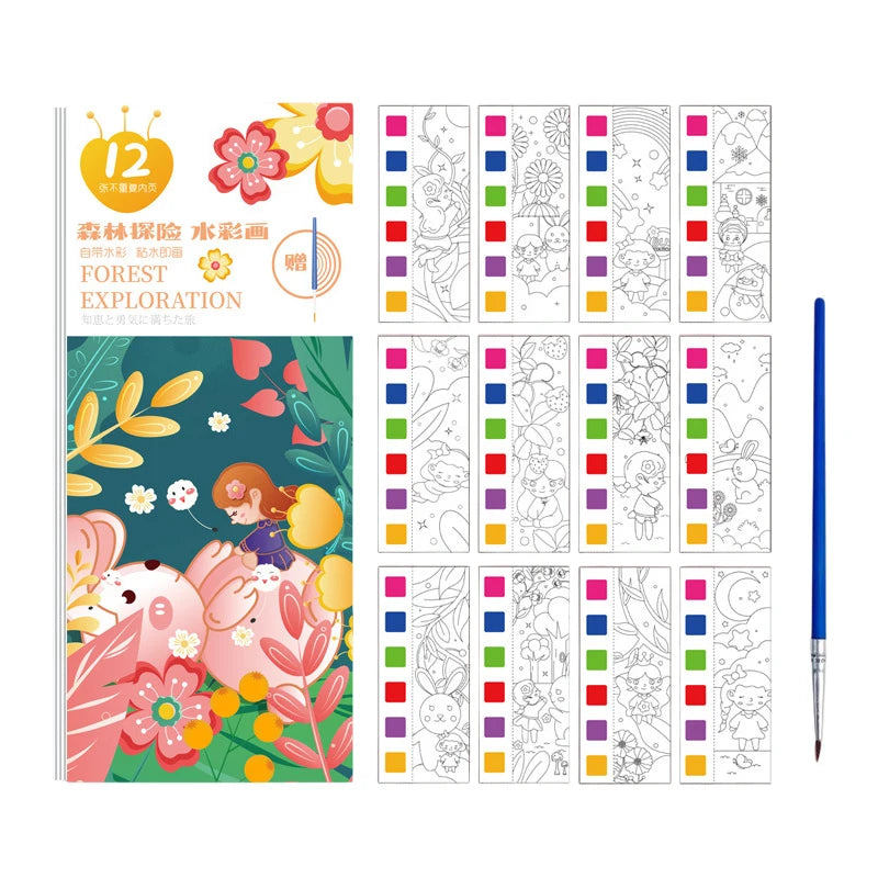 12 Sheets/Set Portable Watercolor Painting Book Coloring Book With Paint Brush Book Kids Graffiti Picture Drawing Stationery Oasis Select StyleB