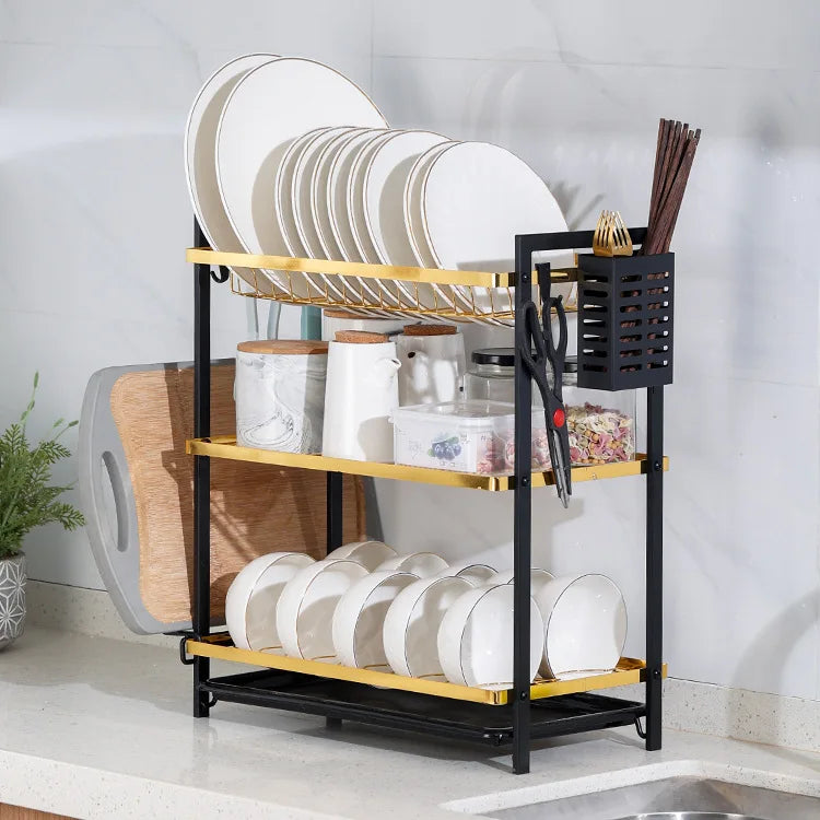 Kitchen Dish Drain Rack Tableware Pot Lid Cutting Board Shelf Drain Basket Sink Tableware Storage Rack Oasis Select Layer 3 Black Gold