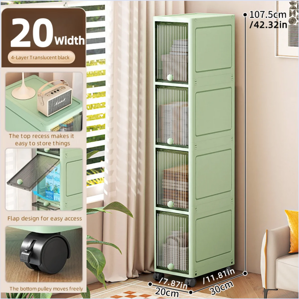 Slim Seam Cabinet Space-Saving Bookcase with Door Stackable Multi-Layer Rack Portable Movable Living Room Display Shelf Oasis Select Black-4 layer