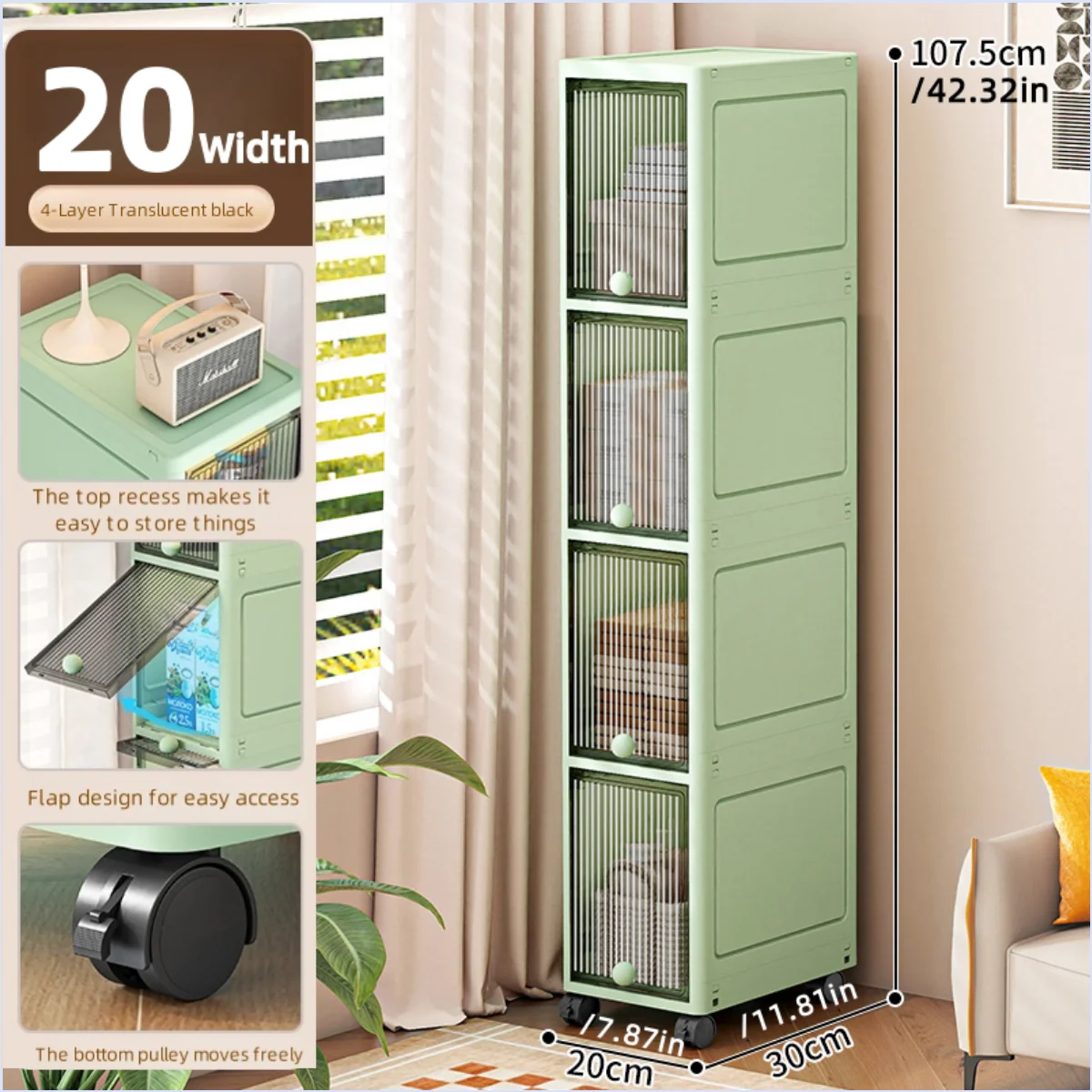 Slim Seam Cabinet Space-Saving Bookcase with Door Stackable Multi-Layer Rack Portable Movable Living Room Display Shelf Oasis Select Black-4 layer