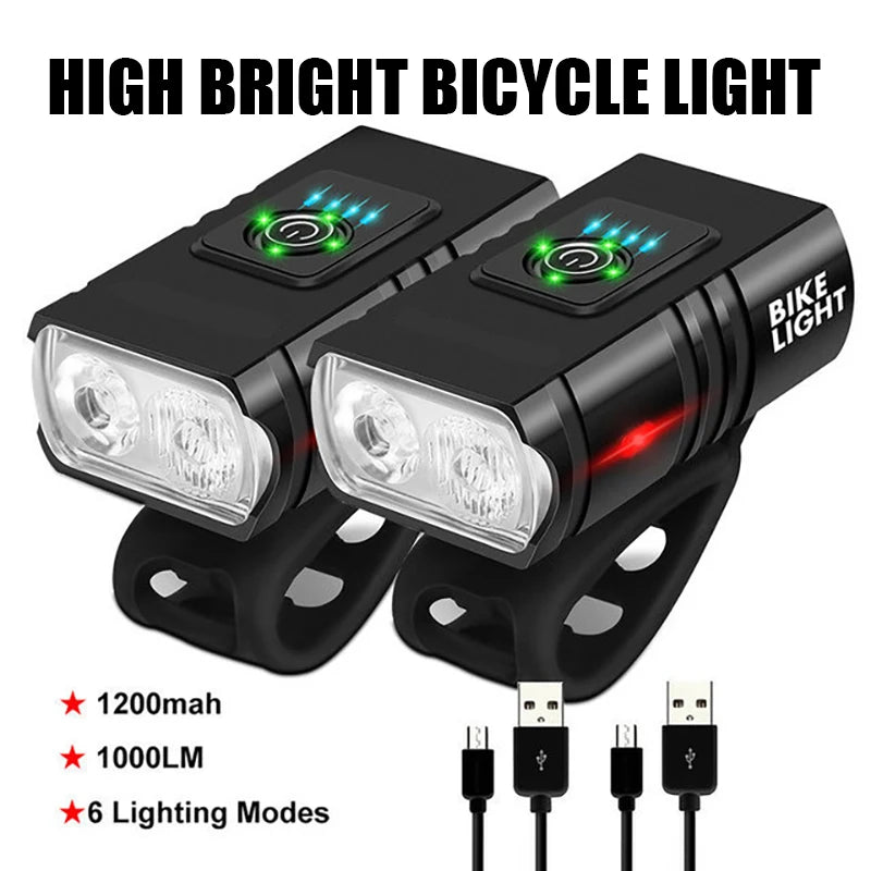Bicycle Light 2T6 LED Front USB Rechargeable Mountain Bicycle Lamp 1000LM Bike Headlight Flashlight Cycling Accessories Tail Oasis Select