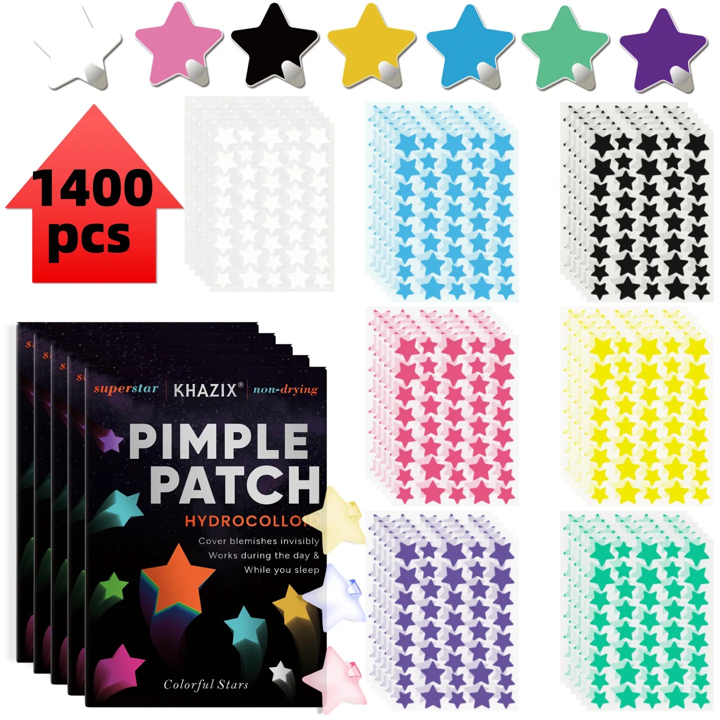 1400 Pcs Star Hydrocolloid Pimple Patches – Multi-Color Concealer Hydrocolloid Pimple Patches Oasis Select 1400 pieces