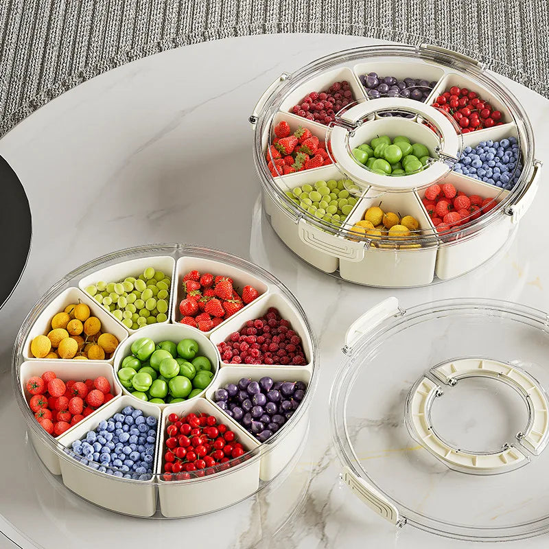 Round Snack Tray with Lid and Handle-Portable 9/6 ccells food storage box with 360 ° swivel and clear window cover for travel Oasis Select