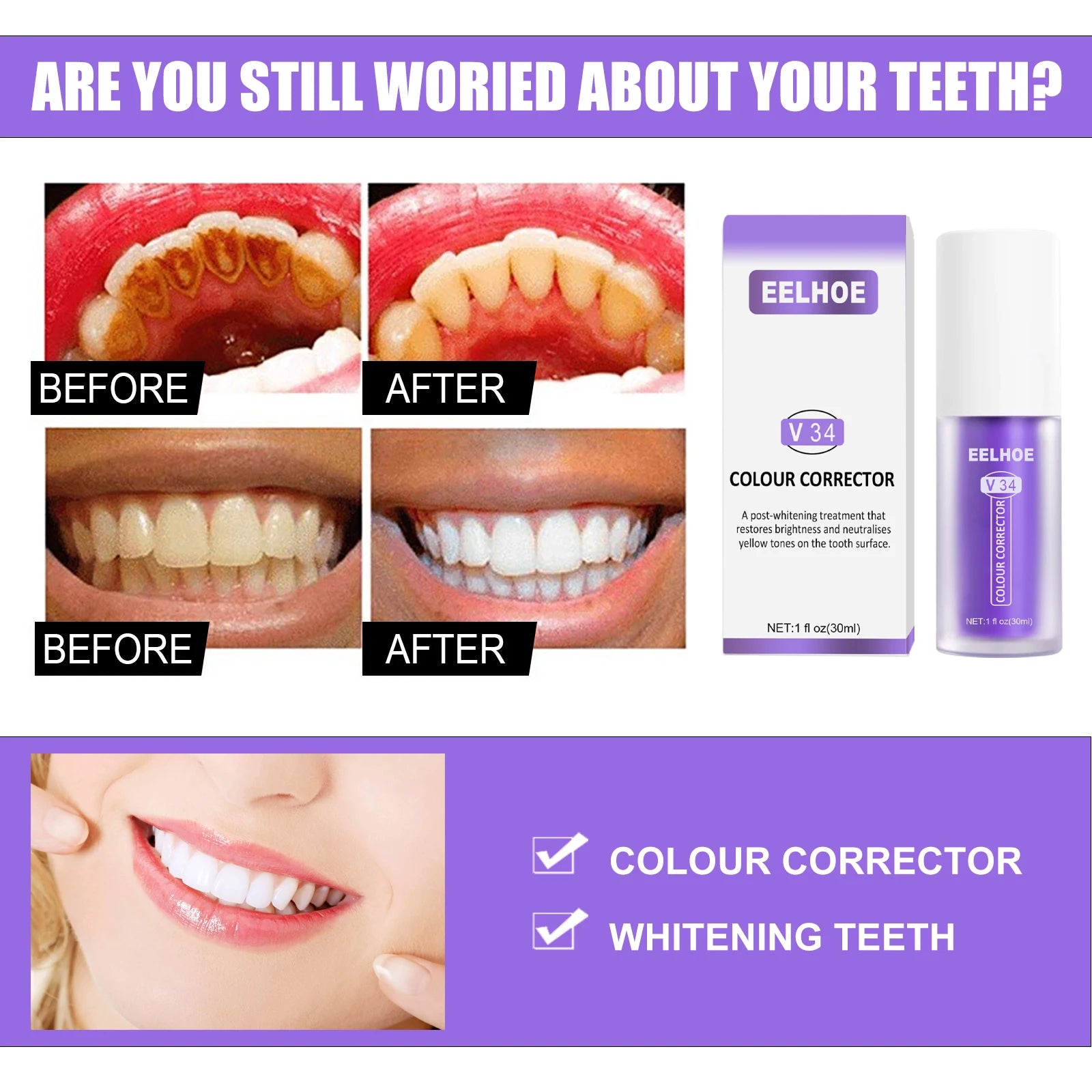 V34 Purple Toothpaste - Brightens Teeth, Whitens Oral Cavity, Cleans Stains, and Provides Oral Care Oasis Select