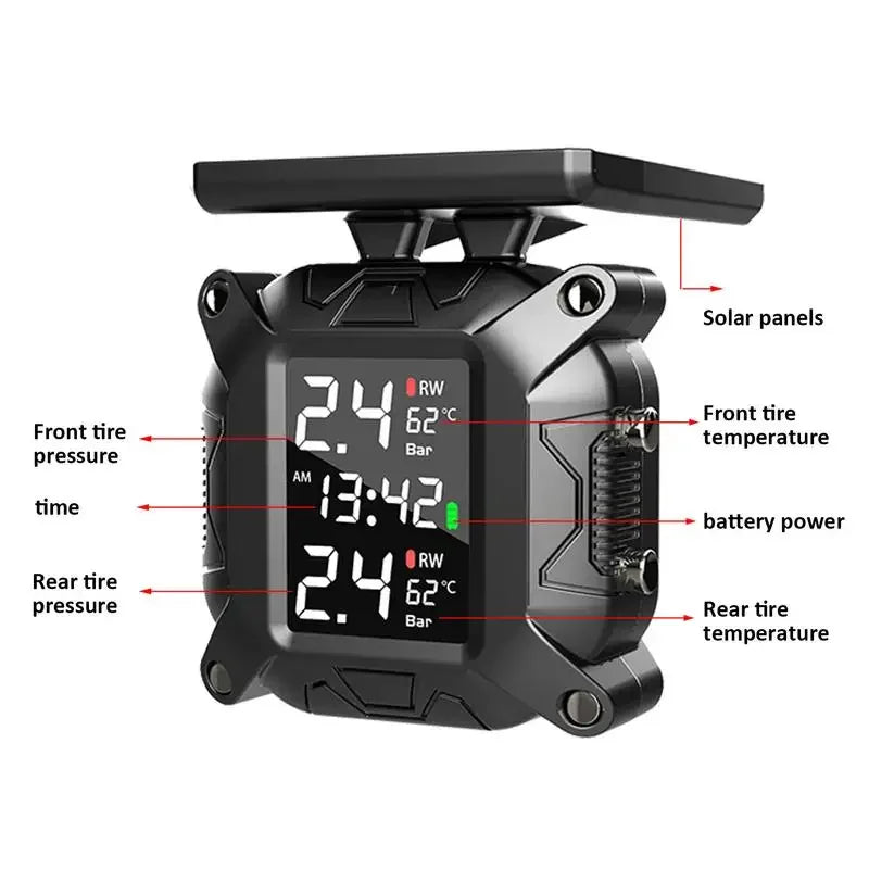 Motorcycle TPMS Solar Power Tire Pressure Monitor Real Time Tire Pressure Monitoring System Temperature Sensor Alarm System Oasis Select