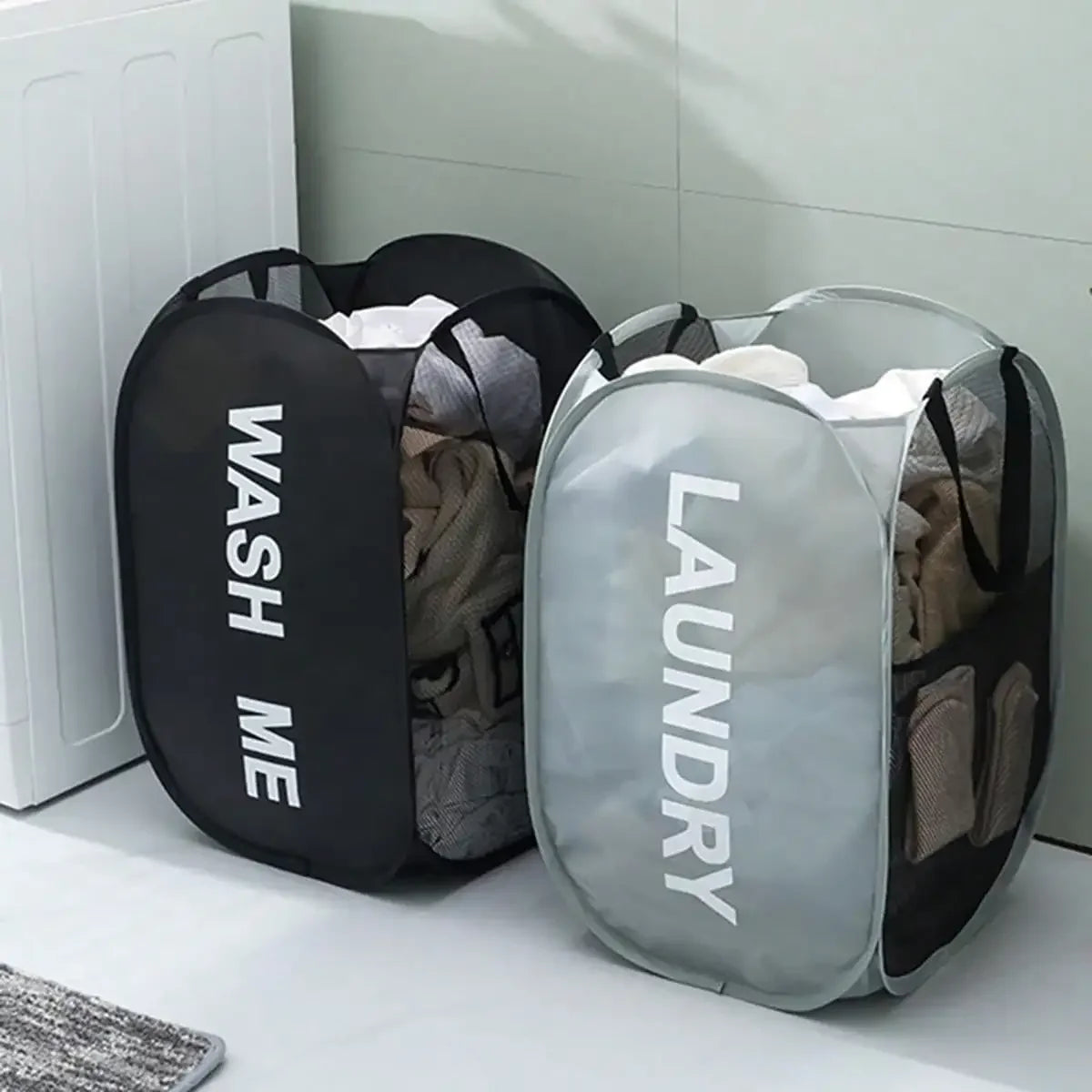Portable Mesh Pop Up Laundry Hamper Wide Opening Breathable Collapsible Space-Saving Laundry Basket Dorm Travel Bathroom Items Oasis Select