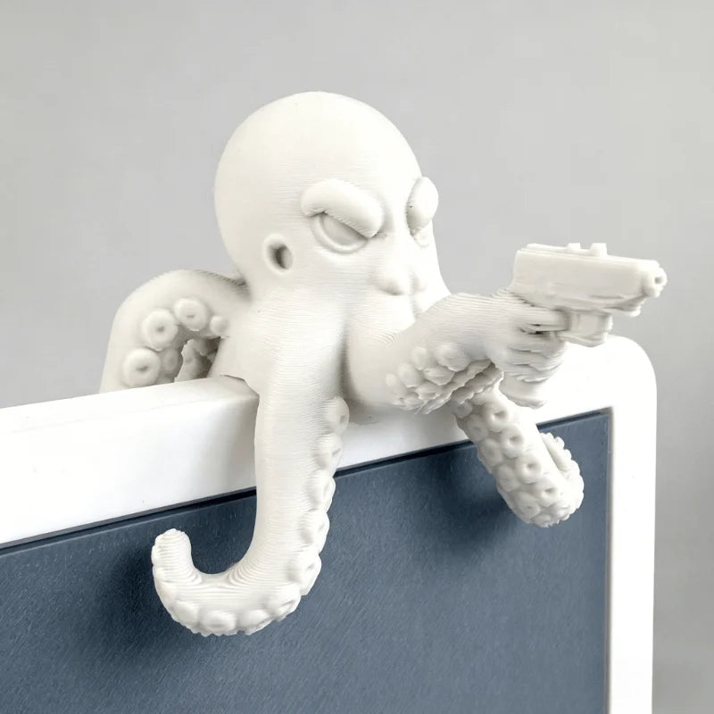 Novelty Angry Octopus Holding Pistol Statue 3D Printed Desk Decor Miniatures Octopus Ornaments for Shelf Monitor Desk Edge Gifts Oasis Select