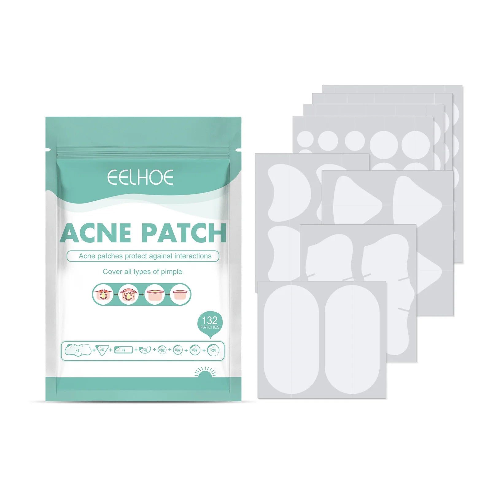 EELHOE 132-Pack Hydrocolloid Acne Patches – Invisible Pimple Fix Acne Patch Oasis Select 132pcs Boxed