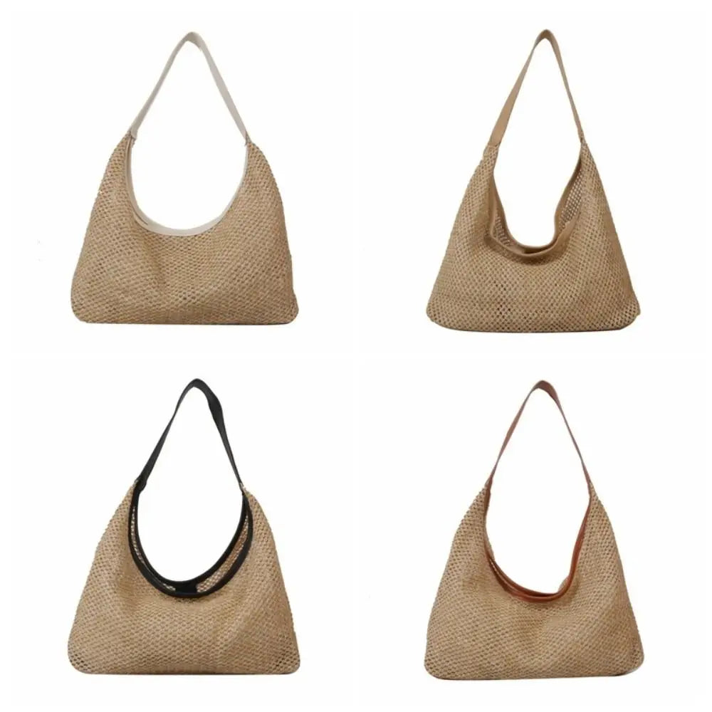 Fashion Solid Color Weave Straw Bag Bohemian Style Large Capacity Beach Handbag Bucket Bag Handmade Shoulder Bag Summer Oasis Select