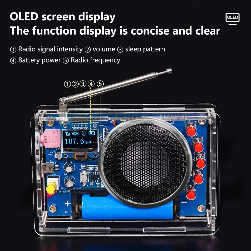 Portable FM Radio DIY Kit RDA5807 Radio DIY Module 87-108MHz Adjustable Frequency Radio DIY With OLED Display Oasis Select