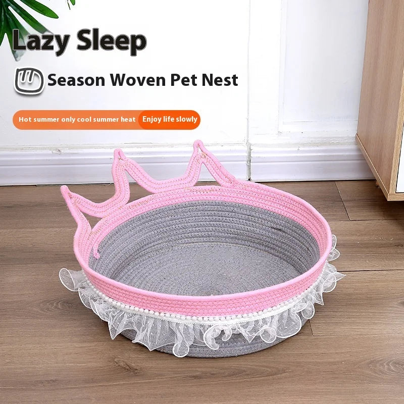 New Princess Style Woven Cat Bed, Four Season Universal, Lace Decor, Scratch Resistant, Washable Pet Nest for Warmth Oasis Select