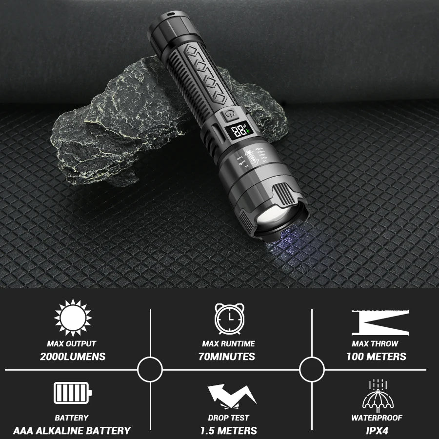 High Power LED Flashlight with Battery Display USB Rechargeable Light Telescopic Zoom Torch Lamp Outdoor Camping Fishing Lantern Oasis Select