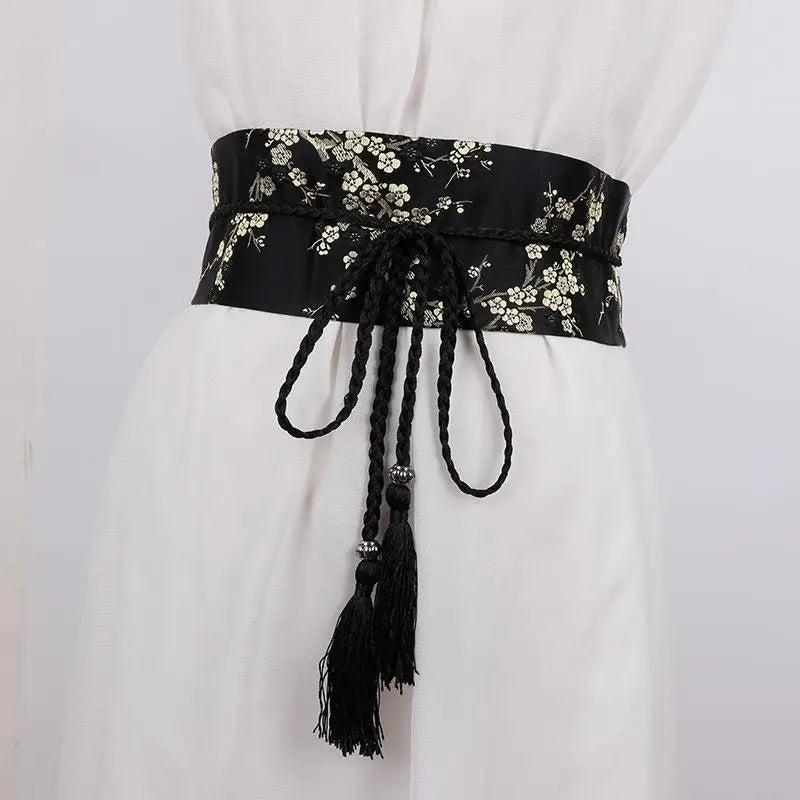 Vintage Floral Embroidered Waistband For Women Elegant Chinese Style Bow Tie Wrap Around Belt With Tassels For Dress Clothing Oasis Select F