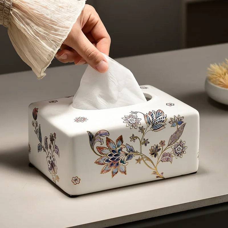 New Chinese Retro Ceramic Tissue Box Living Room Coffee Table Tea Room Storage Paper Drawer High-end Feeling Oasis Select