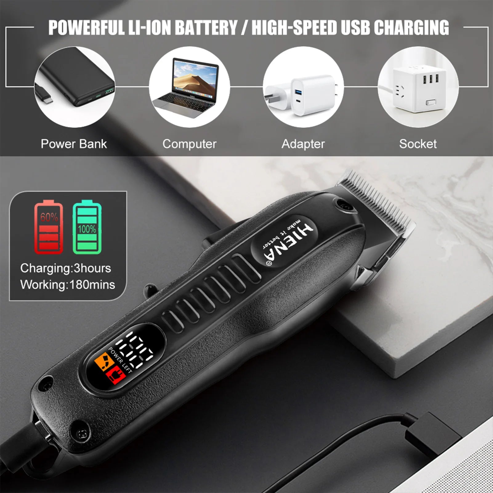 HYN-222 Professional Hair Clippers 5V1A Rechargeable Hair Trimmer Stainless Steel Blade Black Washable Head For Men Styling Tool Oasis Select