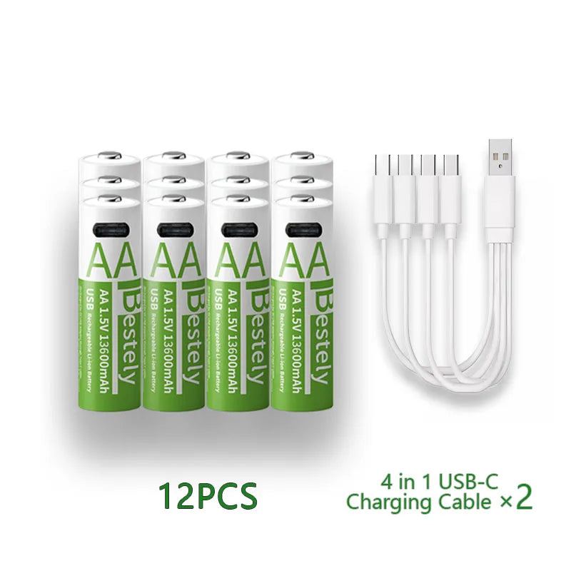 New 1.5V AA13600mAh/AAA8000mAh USB Type-C Rechargeable Lithium Battery for Mouse， Cameras, Electric Toothbrushes, Shavers Oasis Select 12 AA13600 1.5V