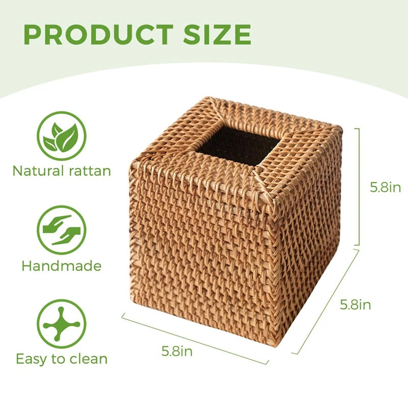 WISH Rattan Tissue Box Cover, Hand Woven Square Wicker Holder For Facial Tissues, For Bathroom Living Room, Tissue Holders Oasis Select