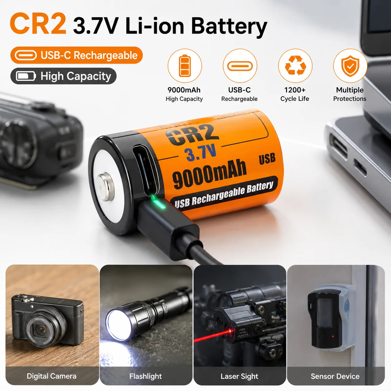 CR2 USB-C Rechargeable Battery 3.7V 9000mAh Li-ion High Capacity Battery for Camera Flashlight Sensor Security Devices Camera Oasis Select