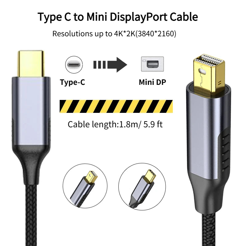 Type C to Mini DisplayPort Cable 4K@60Hz Video HD USB 3.1 to Mini DP 24K Gold-Plated Connector for iPhone MacBook Air Projectors Oasis Select